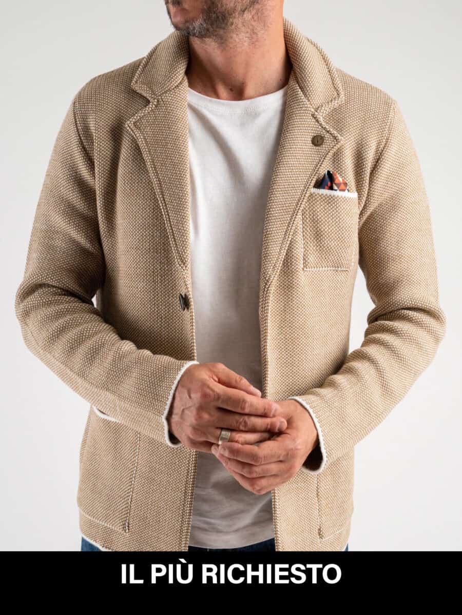 V2 Giacca in maglia misto lana lavorata multicolor con pochette GUPPQT Panna/Cammello