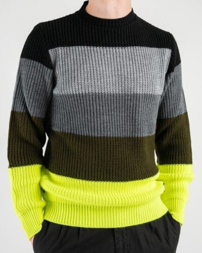V2 Maglione girocollo misto lana a righe fluo gialle MARIGNEGIF Nero