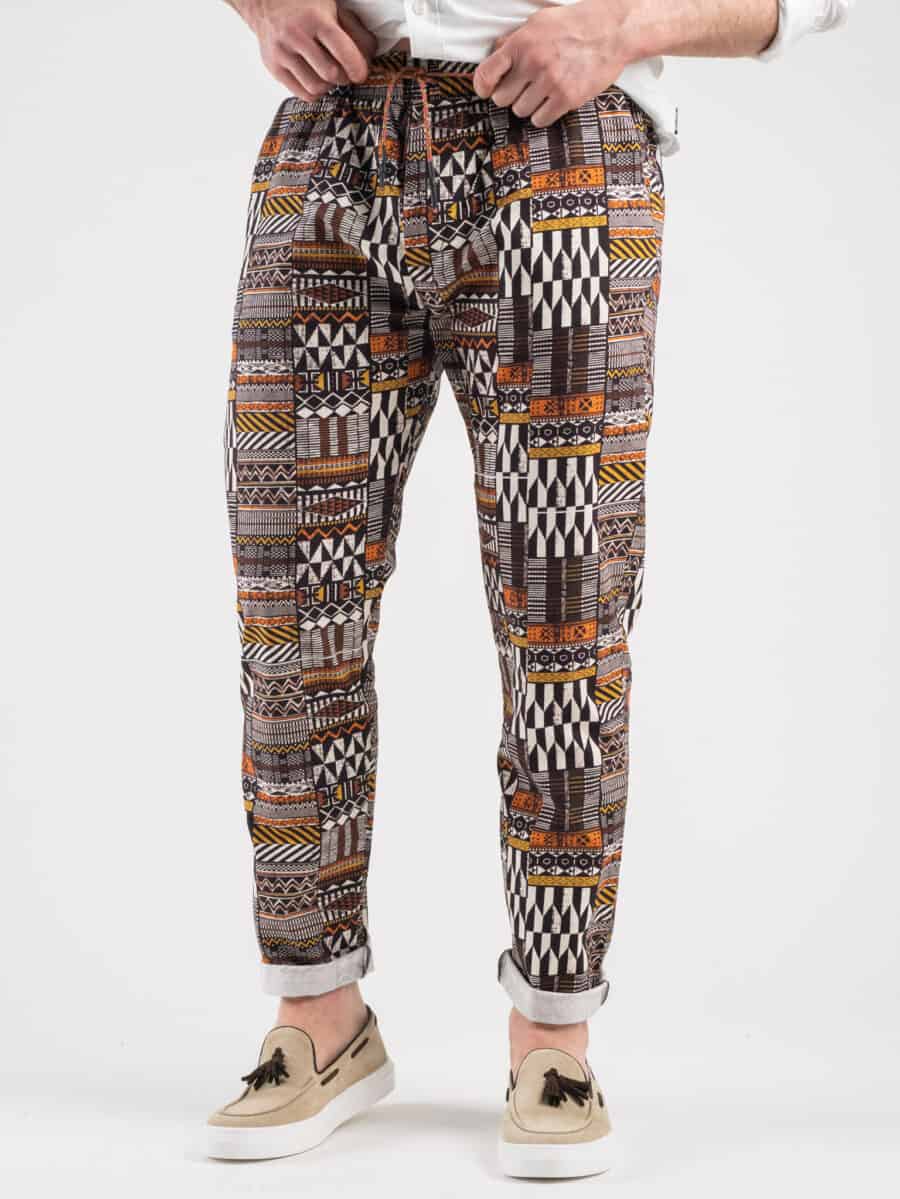 GIANNI LUPO Pantalone misto lino in fantasia etnica GL261R Beige