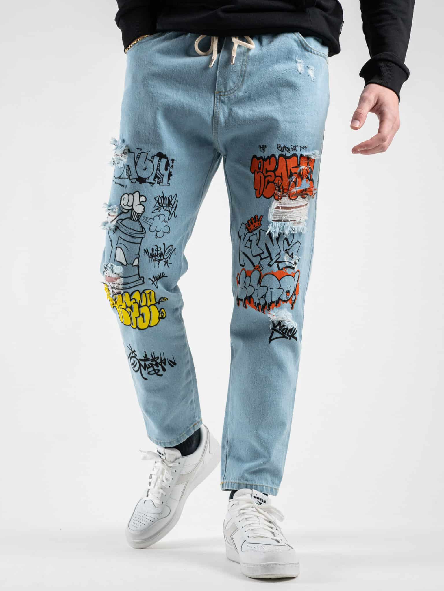 ESTASI Jeans cropped azzurro chiaro con rotture coulisse e stampe