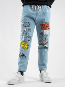 Jeans azzurro chiaro con stampe, rotture e coulisse CR2376 Azzurro9