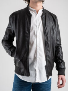 OVER-D Bomber in ecopelle con tasche frontali, zip e polsini SSJ05 Nero