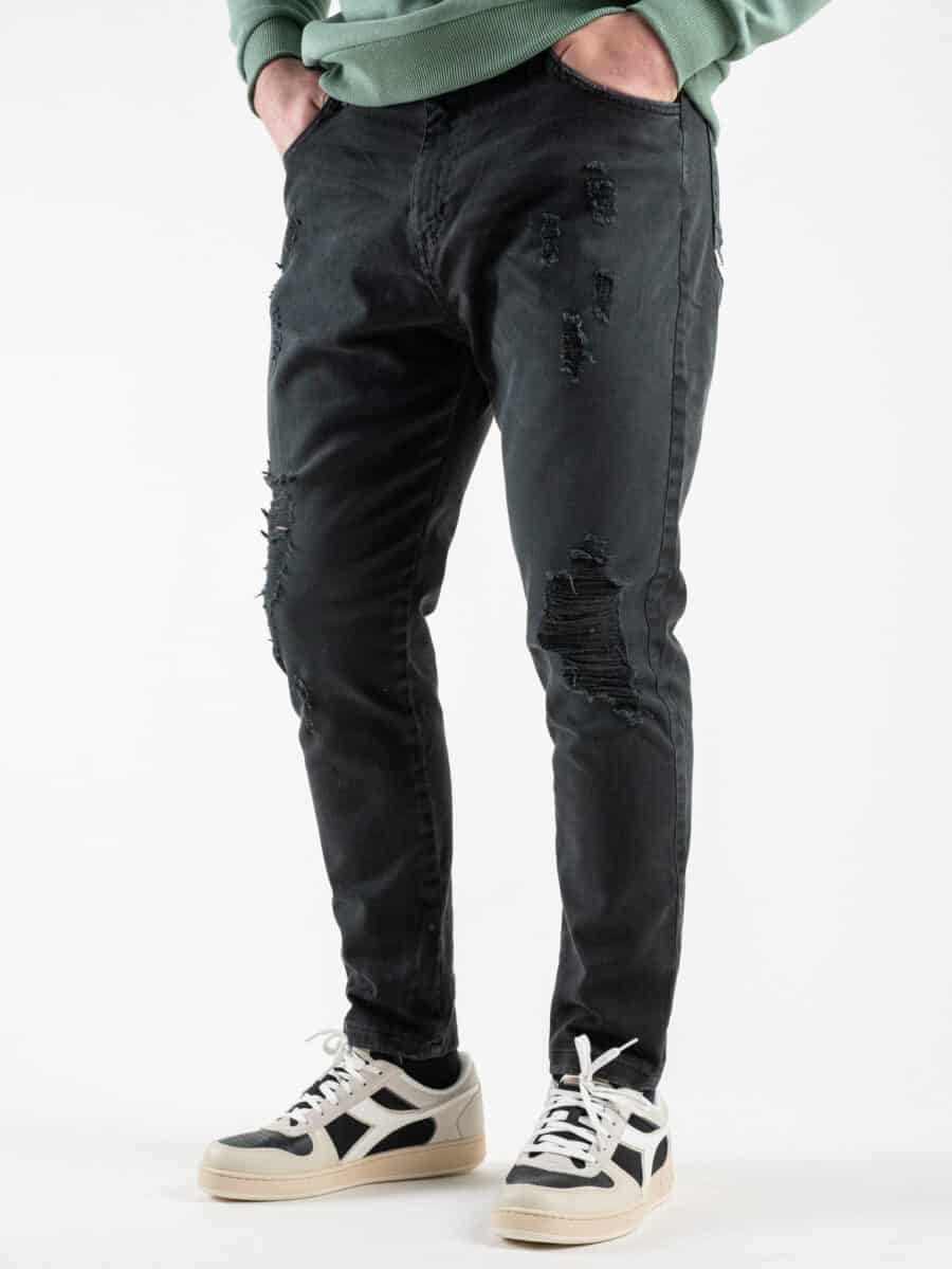OVER-D Pantalone leggero 5 tasche con rotture P39 Nero