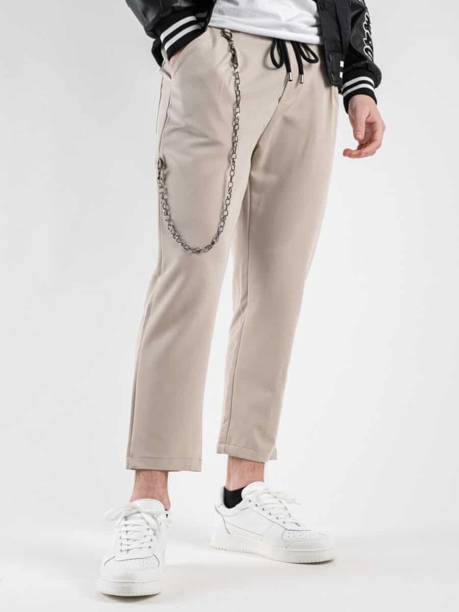 ESTASI Pantalaccio leggero morbido corto alla caviglia con coulisse e catenella MAN CITY Beige