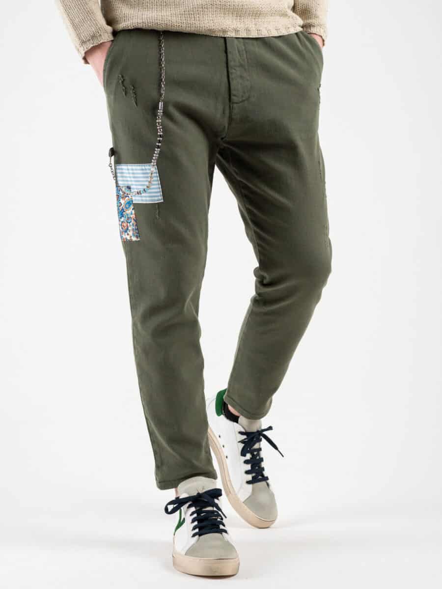 V2 Jeans leggero con coulisse, piccole graffiature, pacht laterali DRILL Militare