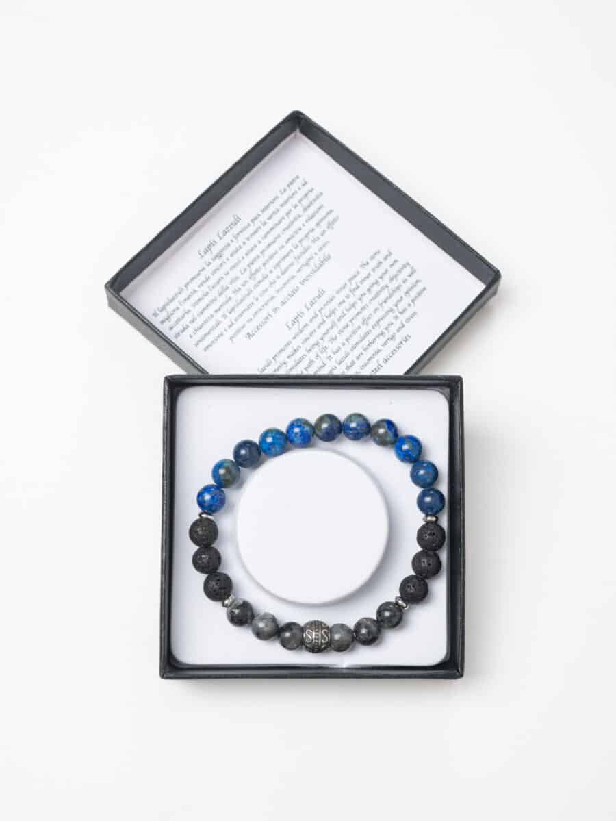 Braccialetto elasticizzato con perline colorate LAPIS LAZZULI Nero/Blu/Grigio
