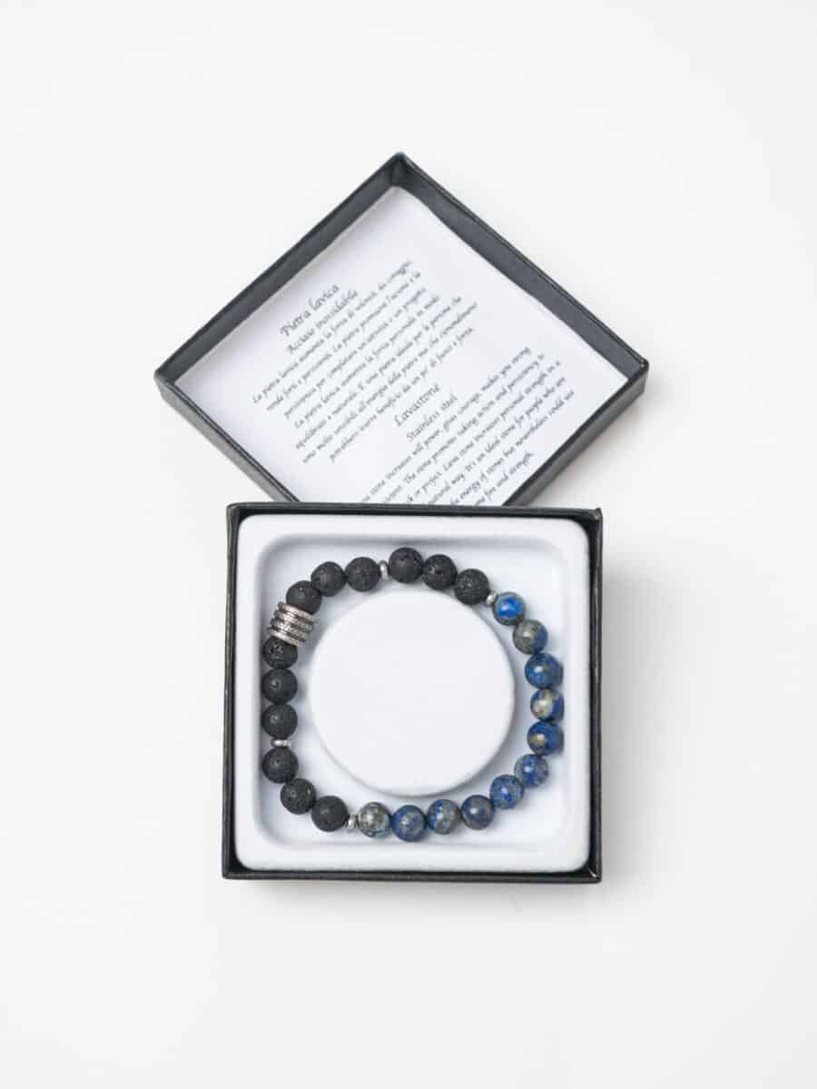 Braccialetto elasticizzato con perline colorate PIETRA LAVICA  Nero/BLu/Grigio