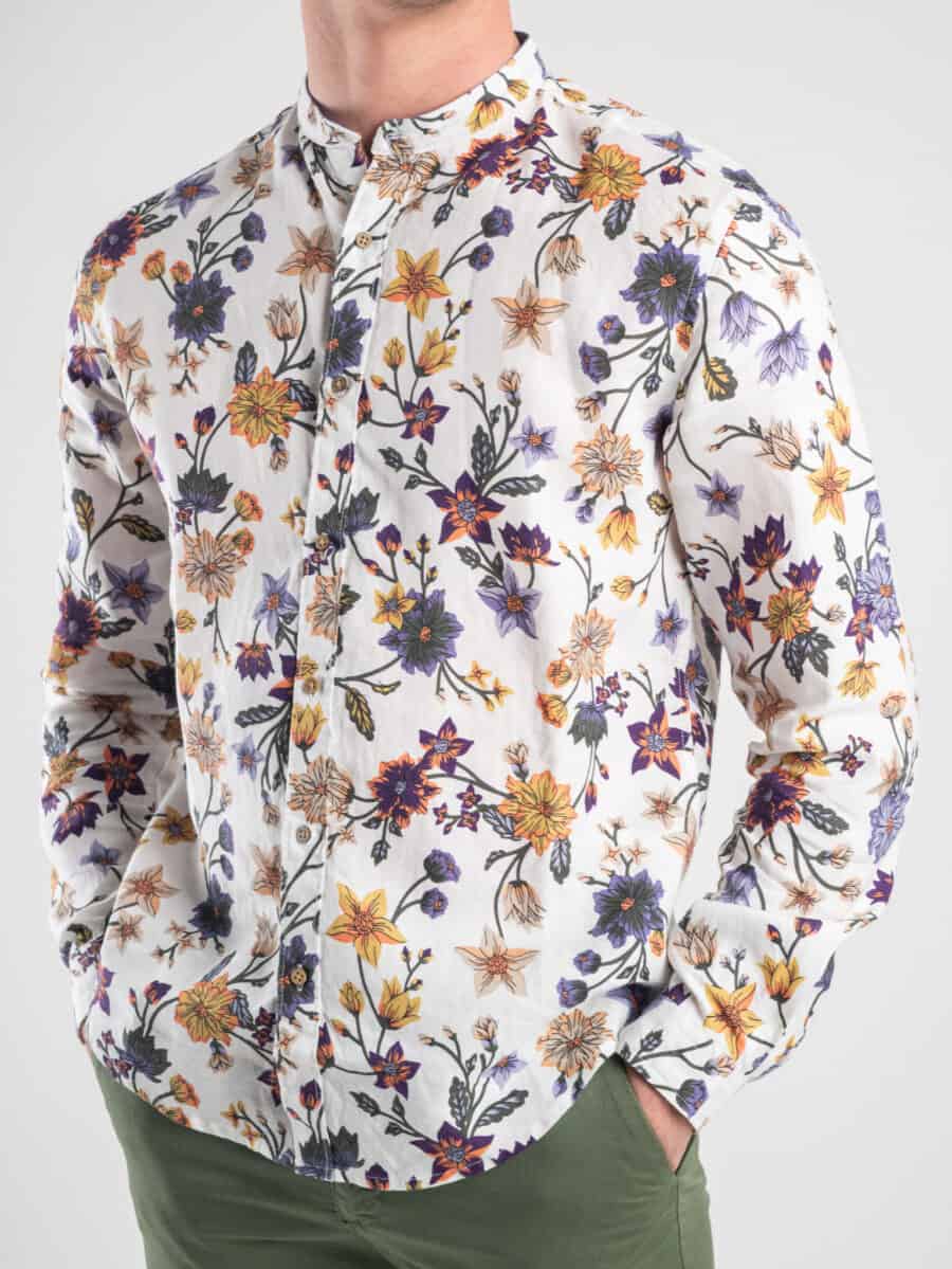 BERNA Camicia floreale 100% Lino con collo coreana 230138 Bianca