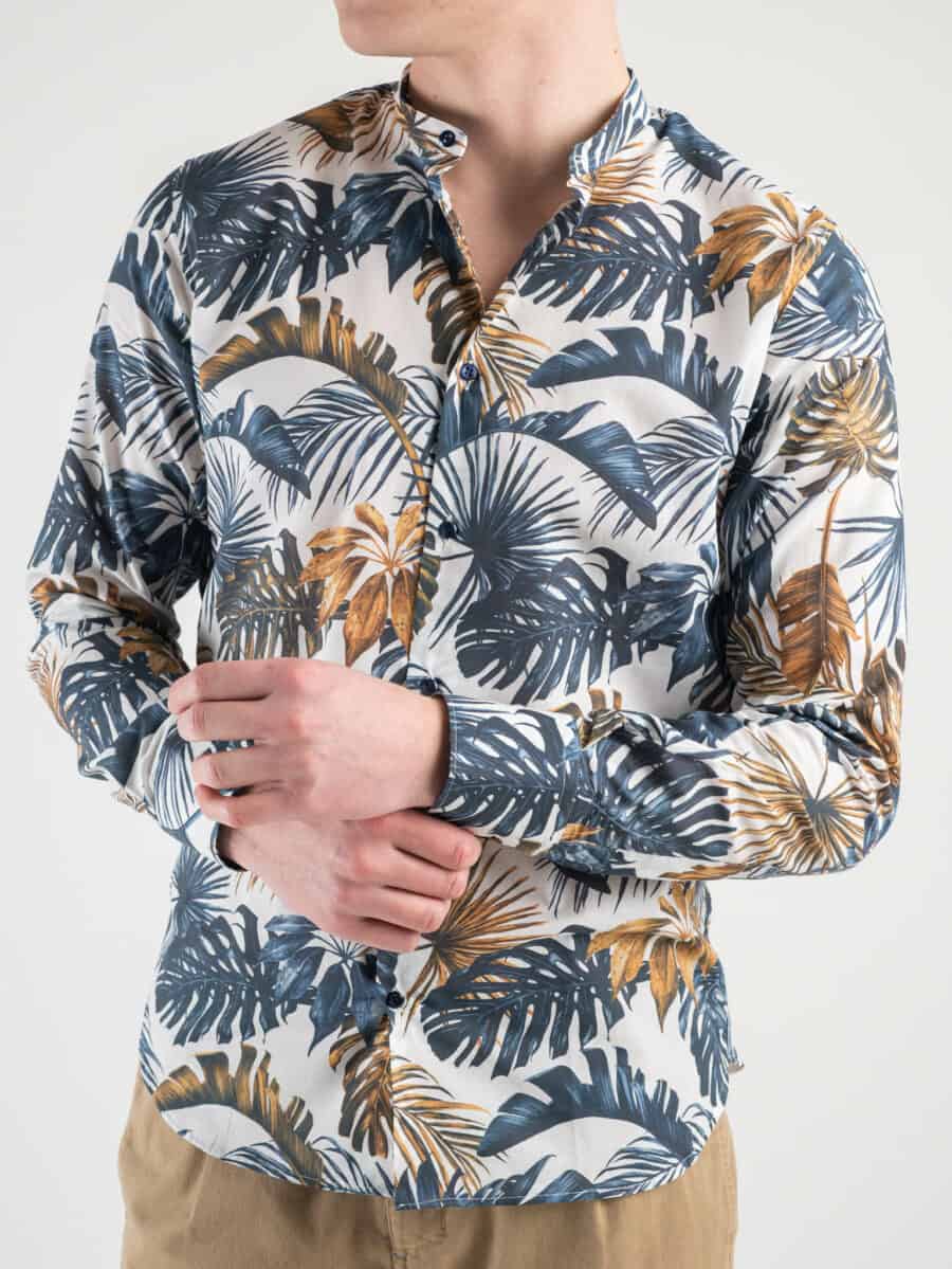 ESTASI Camicia in cotone fiorata con collo coreana ULTIMO Blu/Marrone