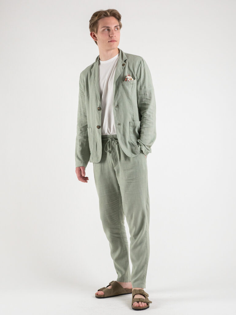 V2 Giacca in misto lino con pochette e interni in fantasia tropicale Salvia1 Abiti
