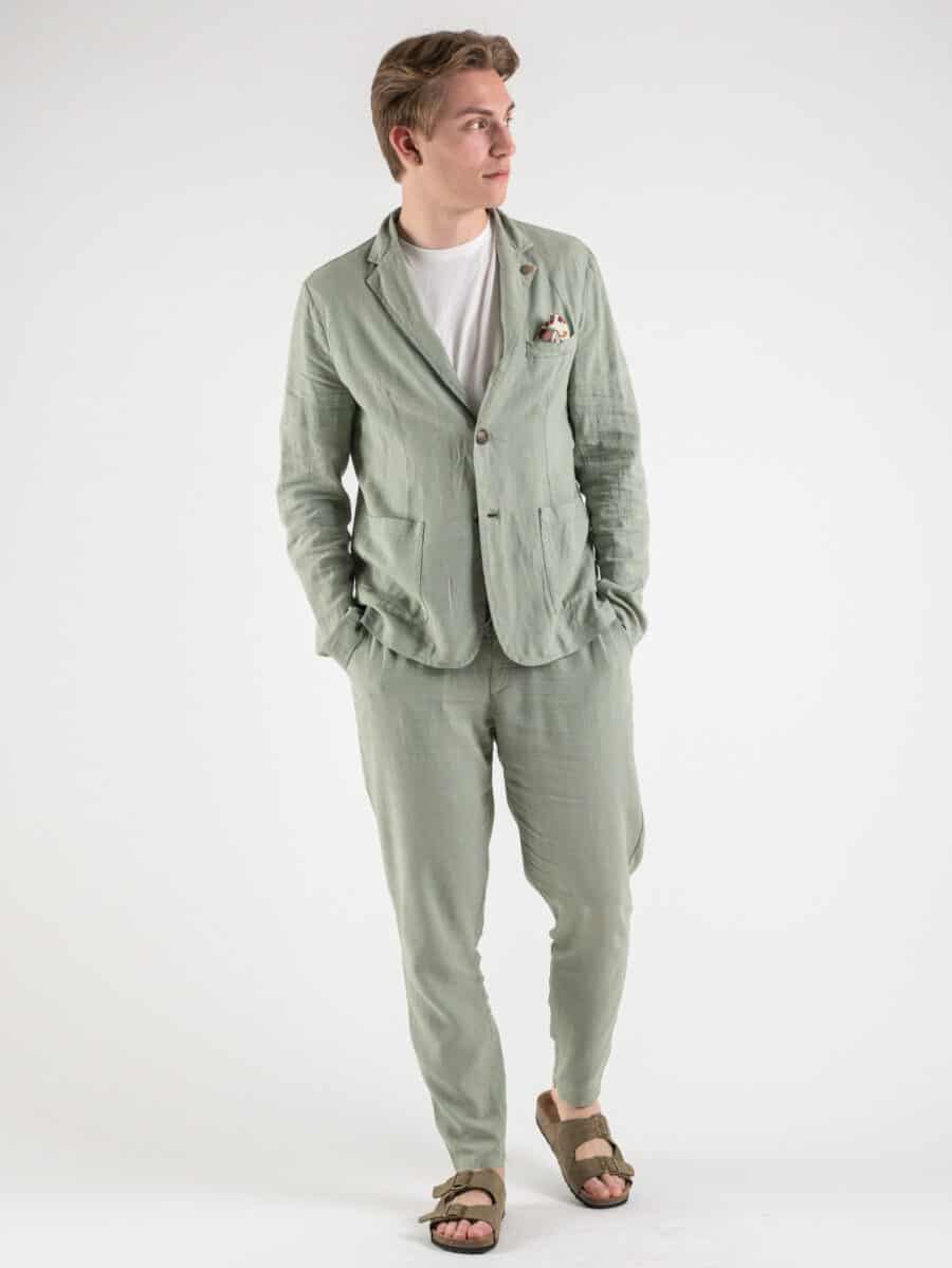 V2 Giacca in misto lino con pochette e interni in fantasia tropicale Salvia
