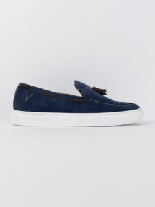V2 Mocassino barca in camoscio blu con nappine marroni SANTORINI1