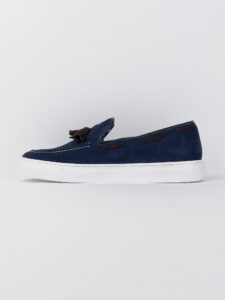V2 Mocassino barca in camoscio blu con nappine marroni SANTORINI2