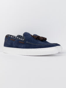V2 Mocassino barca in camoscio blu con nappine marroni SANTORINI3