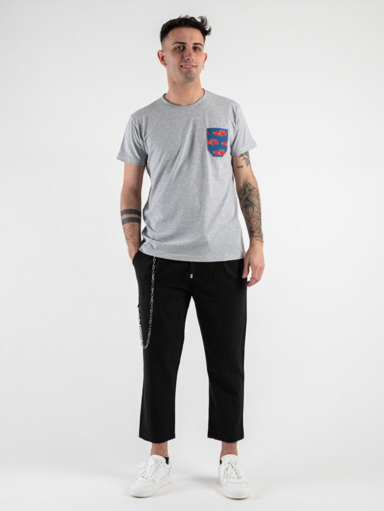 V2 T-shirt in cotone con taschino stampa macchine Grigio Melange - immagine 2