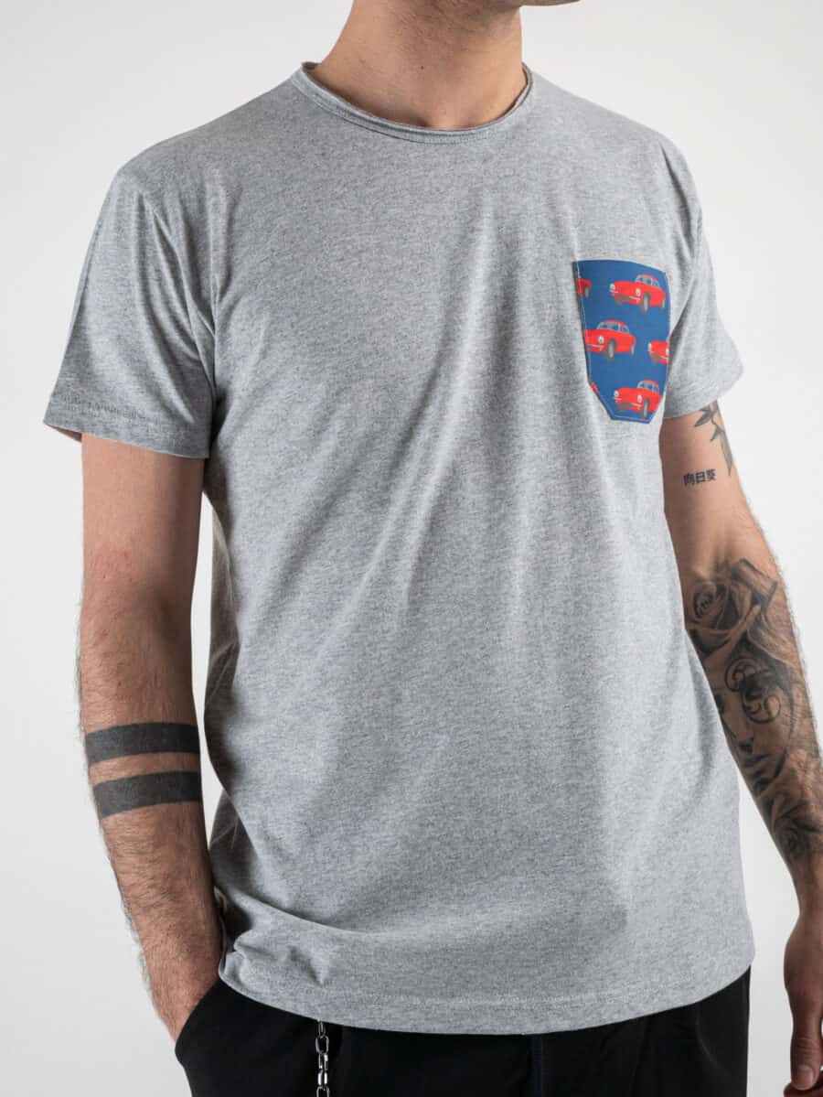 V2 T-shirt in cotone con taschino stampa macchine Grigio Melange