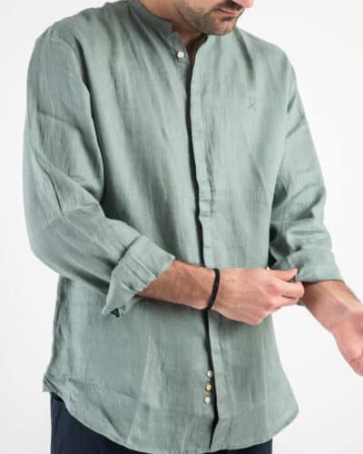 BERNA Camicia in lino con collo coreana e bottoni a scomparsa 230113 Oliva6 Nuovi Arrivi