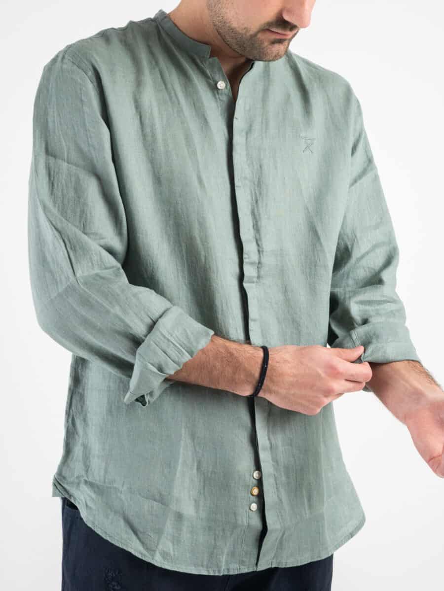 BERNA Camicia in lino con collo coreana e bottoni a scomparsa 230113 Oliva