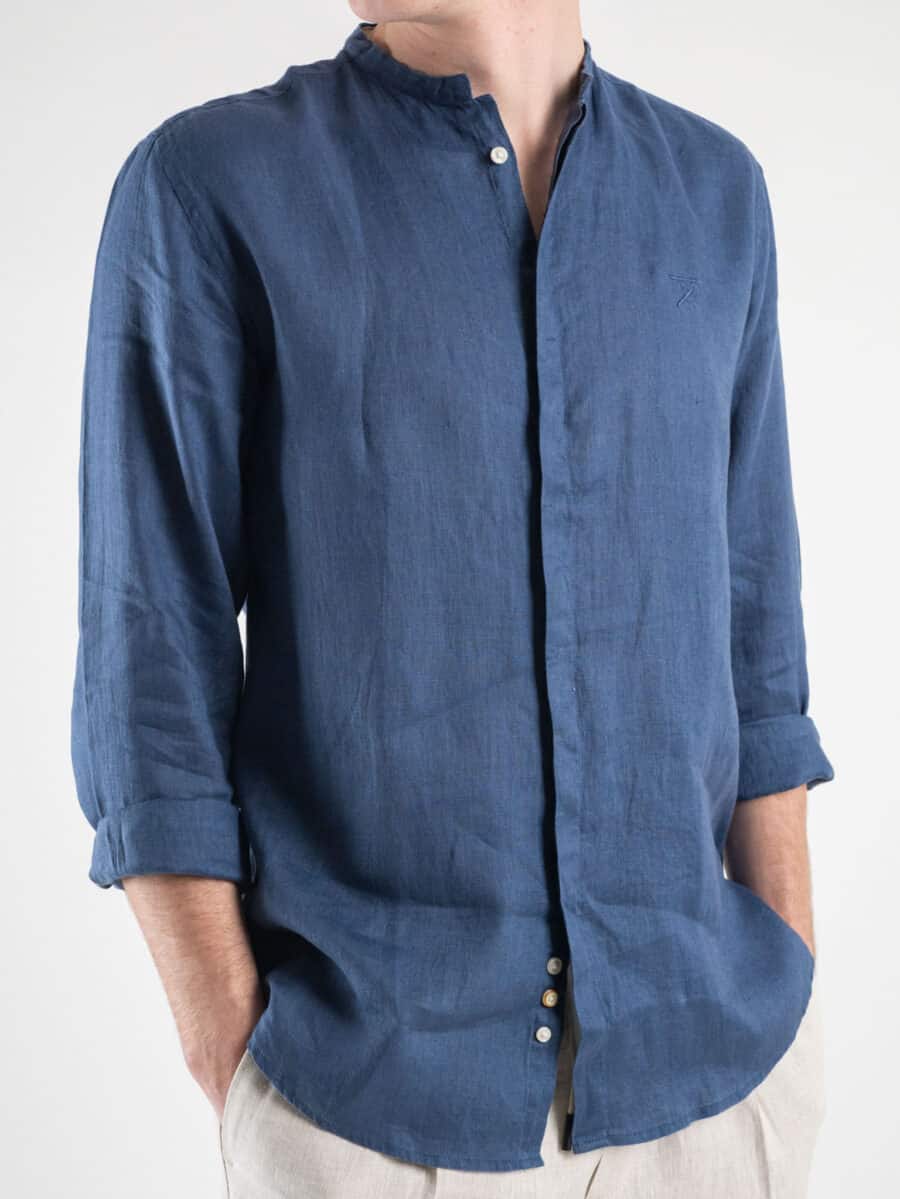BERNA Camicia in lino con collo coreana e bottoni a scomparsa 230113 Ultramarine