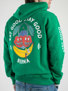 BERNA Felpa con cappuccio garzata stampa Fruit fronte:retro 230412 Verde2