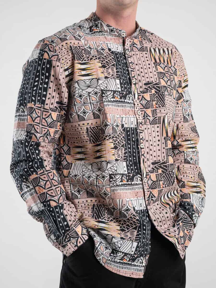 BL11 Camicia in misto lino con collo coreana in fantasia etnica 435 Beige