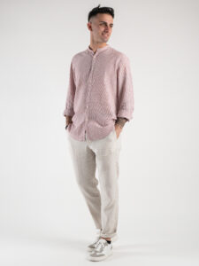 BL11 Camicia in misto lino microriga con collo coreana 5121 Bianco:Bordeaux5