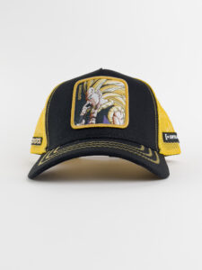 CAPSLAB Cappellino nero Dragon Ball con retina gialla e stampa patch GOTENKS Nero2