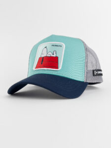 CAPSLAB Cappellino verde acqua Snoopy con visiera blu, retina grigia e patch stampa PEANUTS3