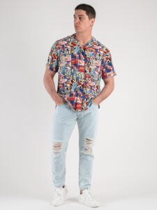 Camicia 100% Viscosa a mezze maniche con fumetti BD5558 Rossa:Blu7