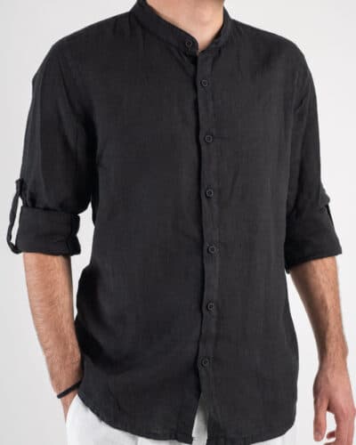 ESTASI Camicia basica 100 Lino con collo coreana IBIZA Nera4 Nuovi Arrivi
