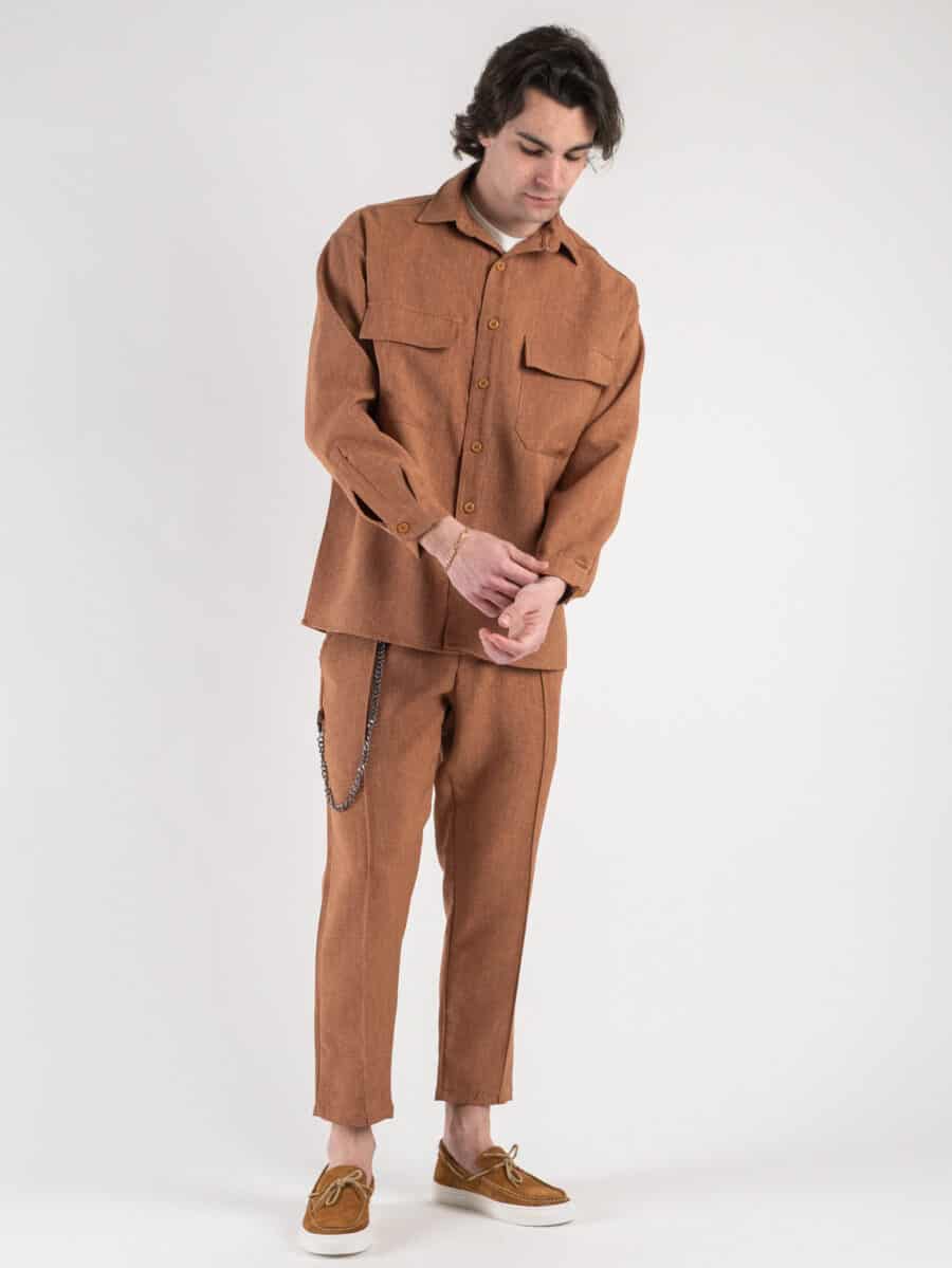 ESTASI Coordinato giacchetta sportiva con spalla scesa + Pantalone morbido corto alla caviglia con coulisse CHELSEA Tabacco