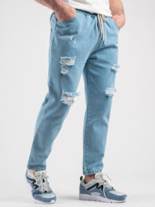 ESTASI Jeans cropped con coulisse e rotture MESSI Azzurro4