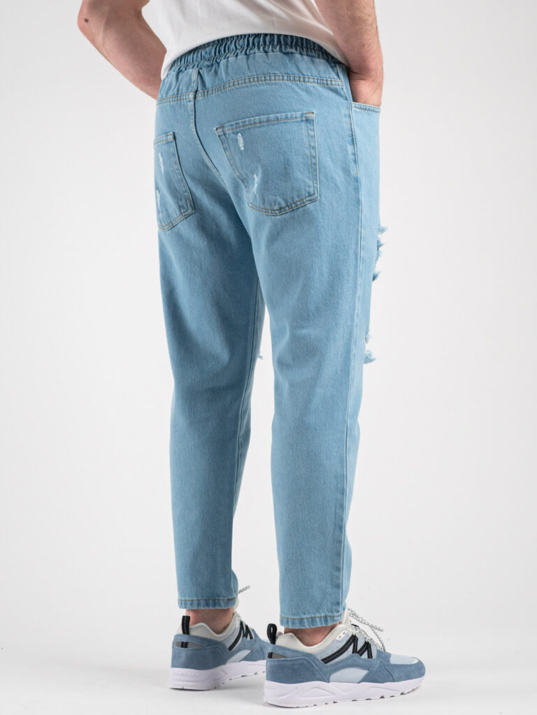 ESTASI Jeans cropped con coulisse e rotture MESSI Azzurro6 ESTASI ESTASI Jeans con elastico e coulisse in vita, corto alla caviglia e con rotture MESSI Azzurro