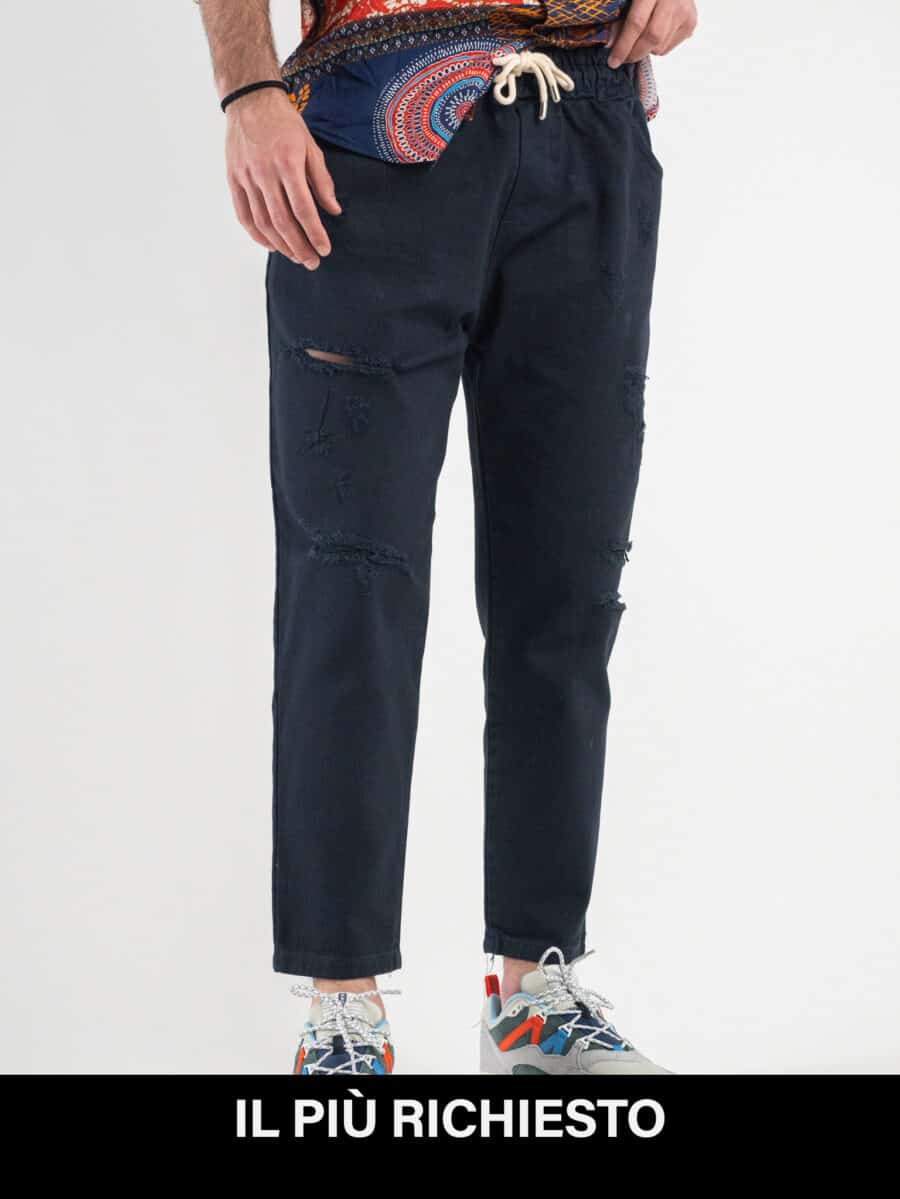 ESTASI Jeans leggero cropped con coulisse e rotture MESSI Blu