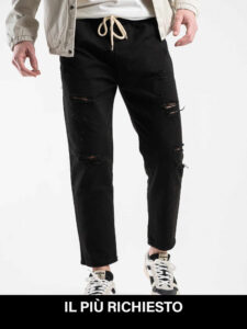 ESTASI Jeans leggero cropped con coulisse e rotture MESSI Nero richiesto