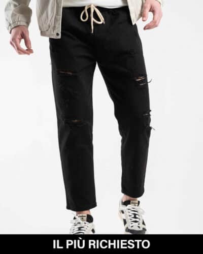 ESTASI Jeans leggero cropped con coulisse e rotture MESSI Nero richiesto Home