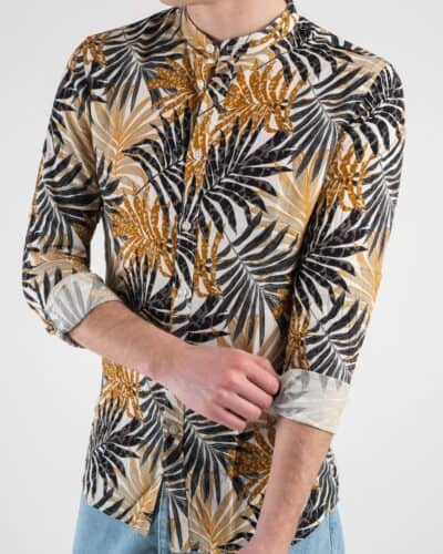 GIANNI LUPO Camicia con collo coreana fantasia foglie GL7720S Beige3 Nuovi Arrivi