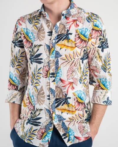 GIANNI LUPO Camicia in lino con colletto fantasia floreale GL7710S Beige1 Nuovi Arrivi