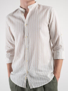 OVER-D Camicia in lino a riga larga con collo alla coreana OC1S0S0C02 Beige1