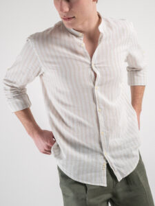 OVER-D Camicia in lino a riga larga con collo alla coreana OC1S0S0C02 Beige2