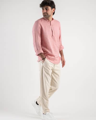 OVER D Camicia serafino in lino con collo coreana OC1S0S0C04 Rosa4 BERNA BERNA Pantalone in cotone leggero con cuciture nere a contrasto 230316 Panna