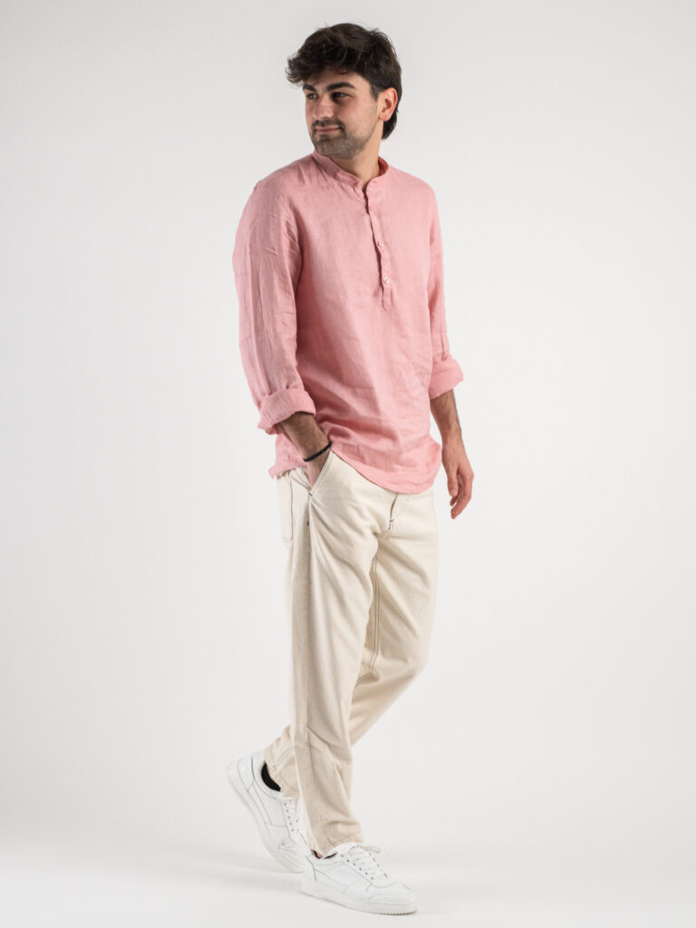 OVER D Camicia serafino in lino con collo coreana OC1S0S0C04 Rosa4 BERNA BERNA Pantalone in cotone leggero con cuciture nere a contrasto 230316 Panna