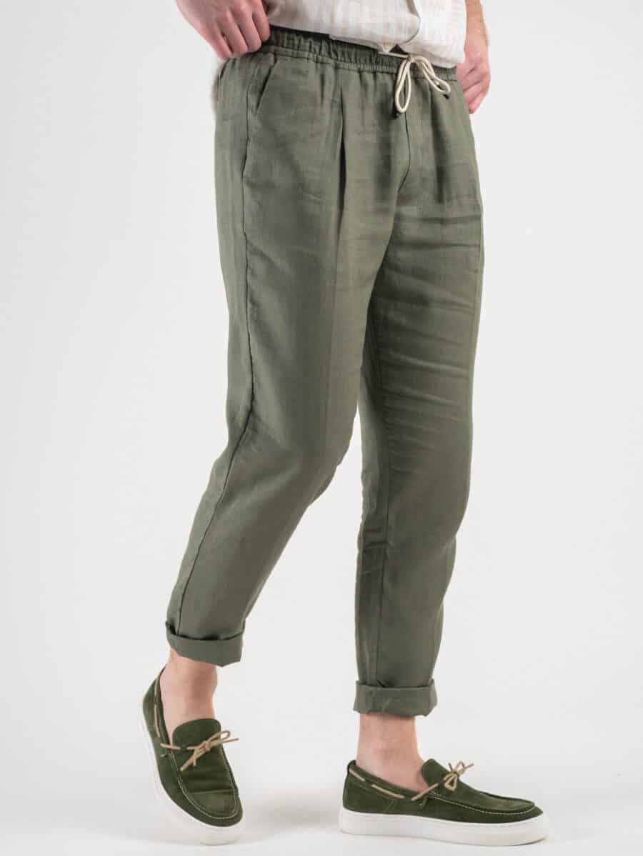 OVER-D Pantalaccio Slim Fit in lino da abito con coulisse in vita OE1S2S3P26 Militare