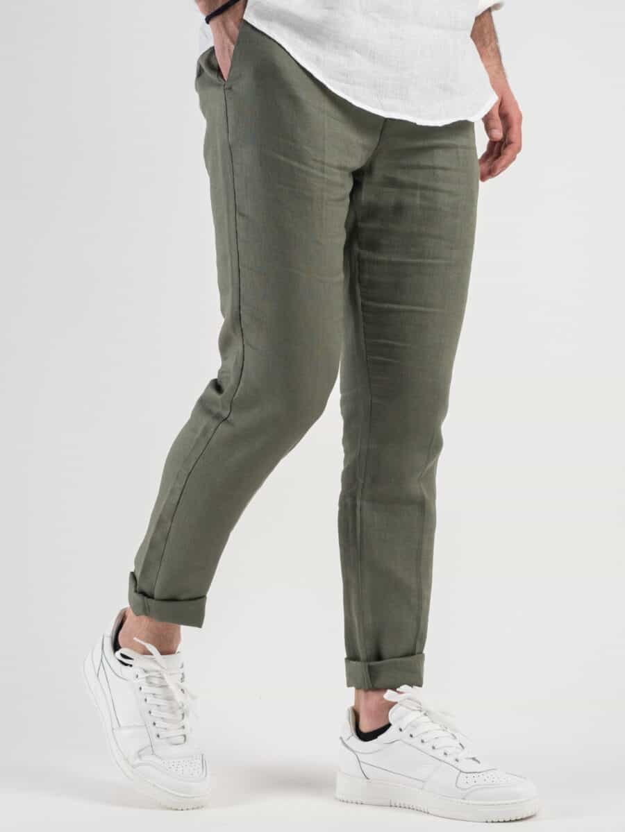 OVER-D Pantalone chinos da abito 100% Lino OE1S2SP28 Militare