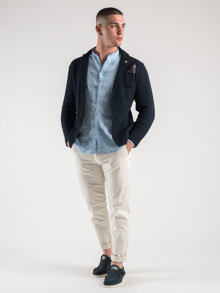 V2 Giacca in maglia leggera in cotone con pochette GUOPE Blu1 Outfit