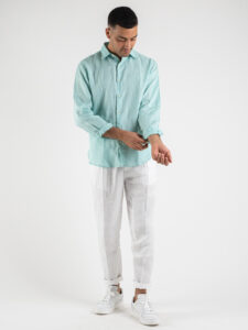BERNA Camicia 100% Lino con colletto e logo sul cuore Menta1