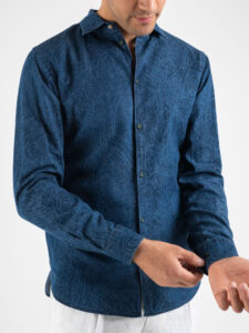 BERNA Camicia in jeans lavorata in fantasia foglie 220351 Blu1