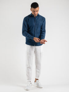 BERNA Camicia in jeans lavorata in fantasia foglie 220351 Blu2