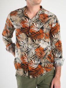 ESTASI Camicia in cotone con stampa foglie e collo coreana 4005 Rossa1