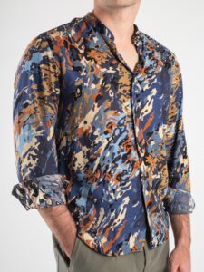 ESTASI Camicia in viscosa con collo coreana fantasia camouflage 50 CENT Blu1